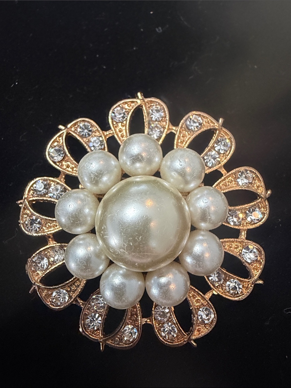 Vintage Pearl and Crystal Gold-Tone Floral Brooch - White Pearls